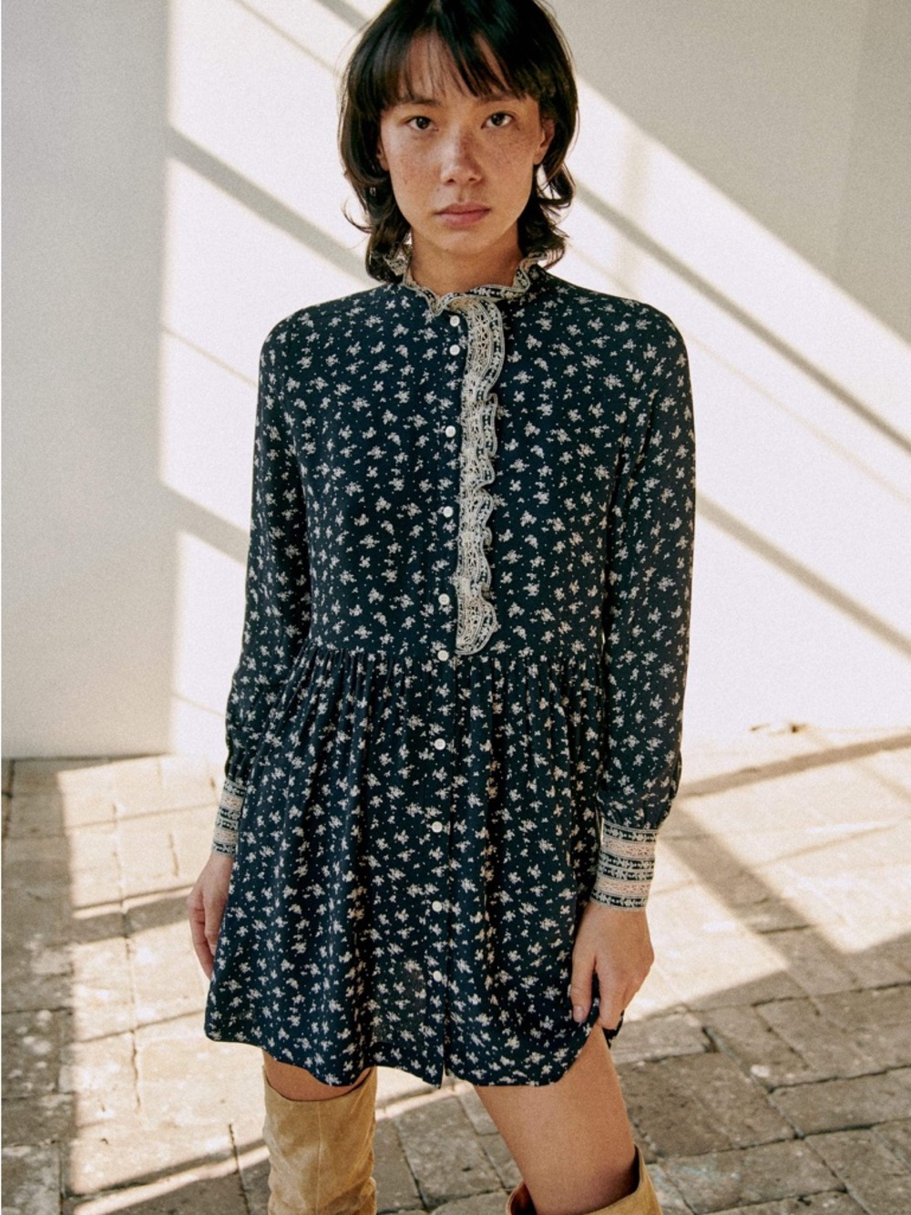 Sezane x Sea NY Astrid Navy Floral Lace-Trim Long-Sleeve Mini Dress